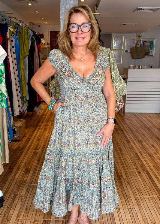 Kim Blue & Pink Flower Print Tiered Maxi Dress