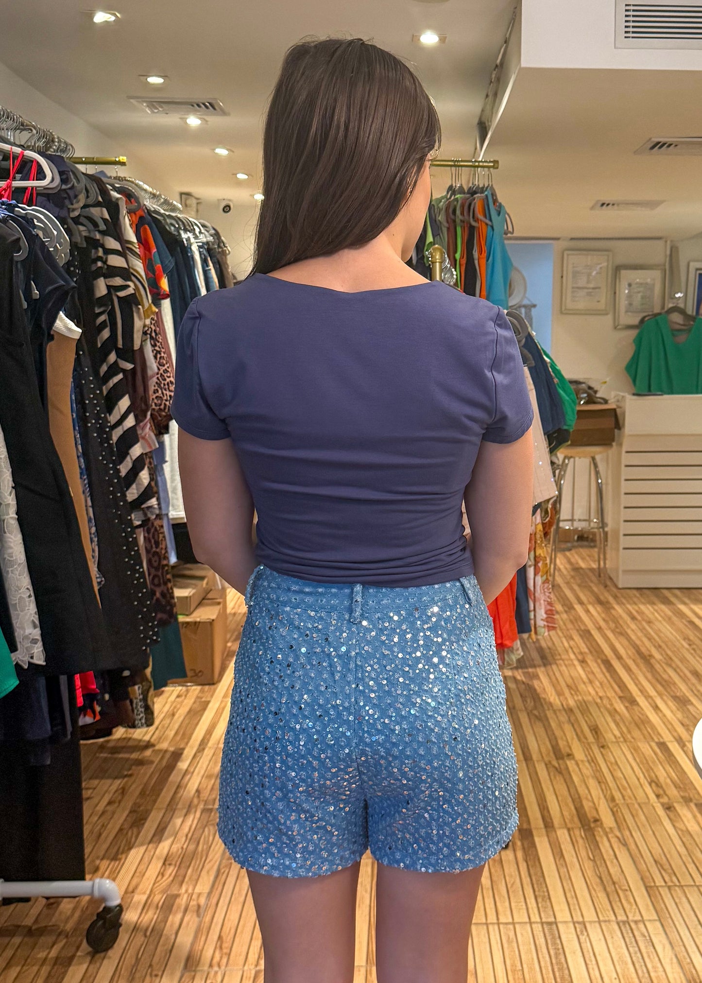Serena Blue Denim Sequin Shorts