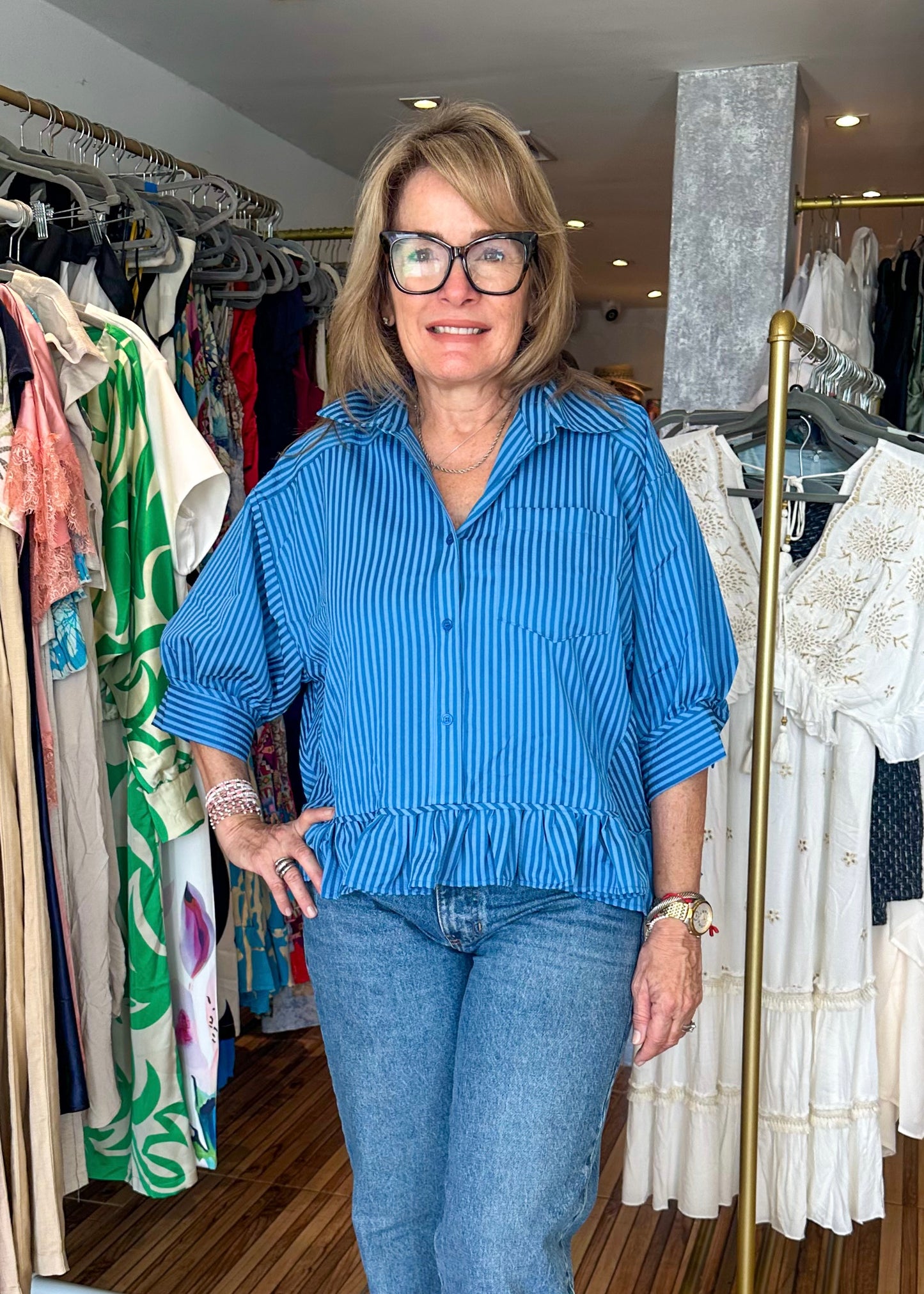 Bella Blue Striped Button Up Top