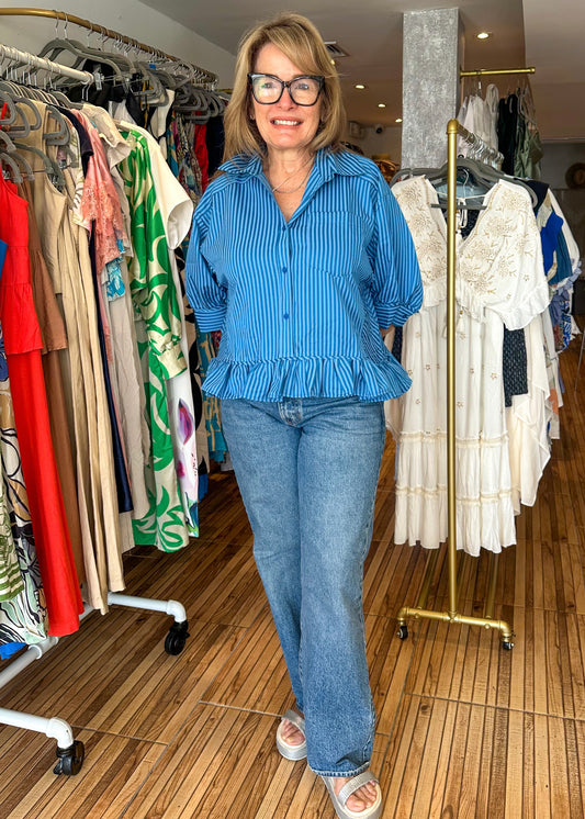 Bella Blue Striped Button Up Top