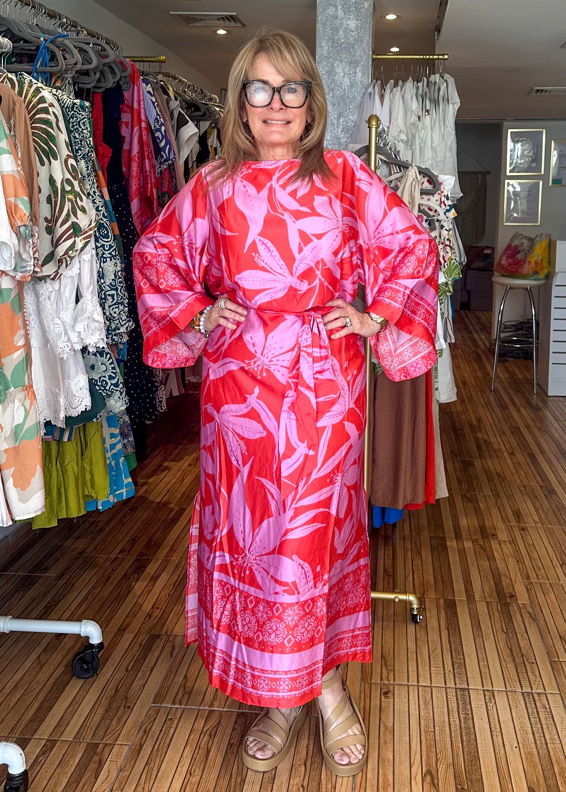 Fiona Red & Pink Color Block Maxi Dress M