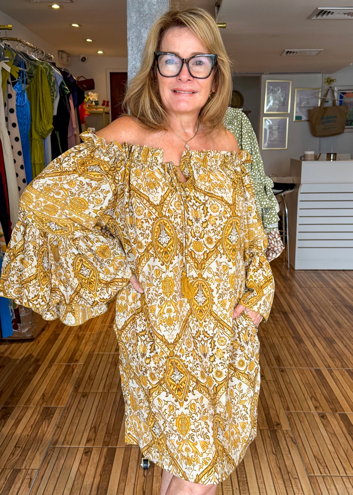 Monica Yellow & Beige Print Off the Shoulder Short Dress