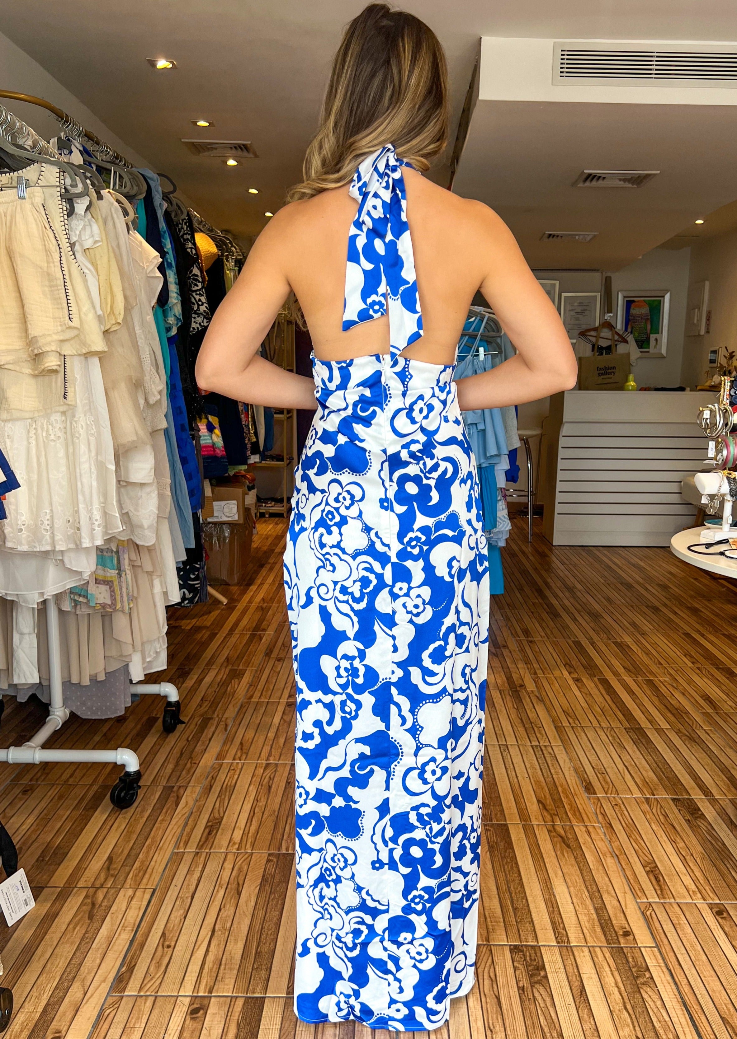 White and blue floral sating halter maxi dress. The perfect summer dress.&nbsp;