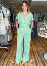 Load image into Gallery viewer, Dusty sage surplice linen top &amp; high waisted long pants set.&nbsp;
