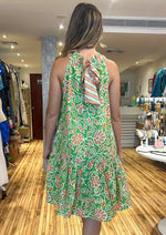 Load image into Gallery viewer, Green and orange multi print sleeveless one tier short dress with halter neck.&nbsp;
