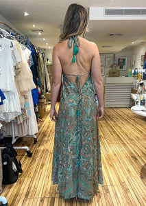 Multi print halter maxi dress with gorgeous open back.