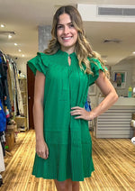Load image into Gallery viewer, Deep spring green double flutter short sleeve short dress with shirring yoke details and pleated skirt.&nbsp;
