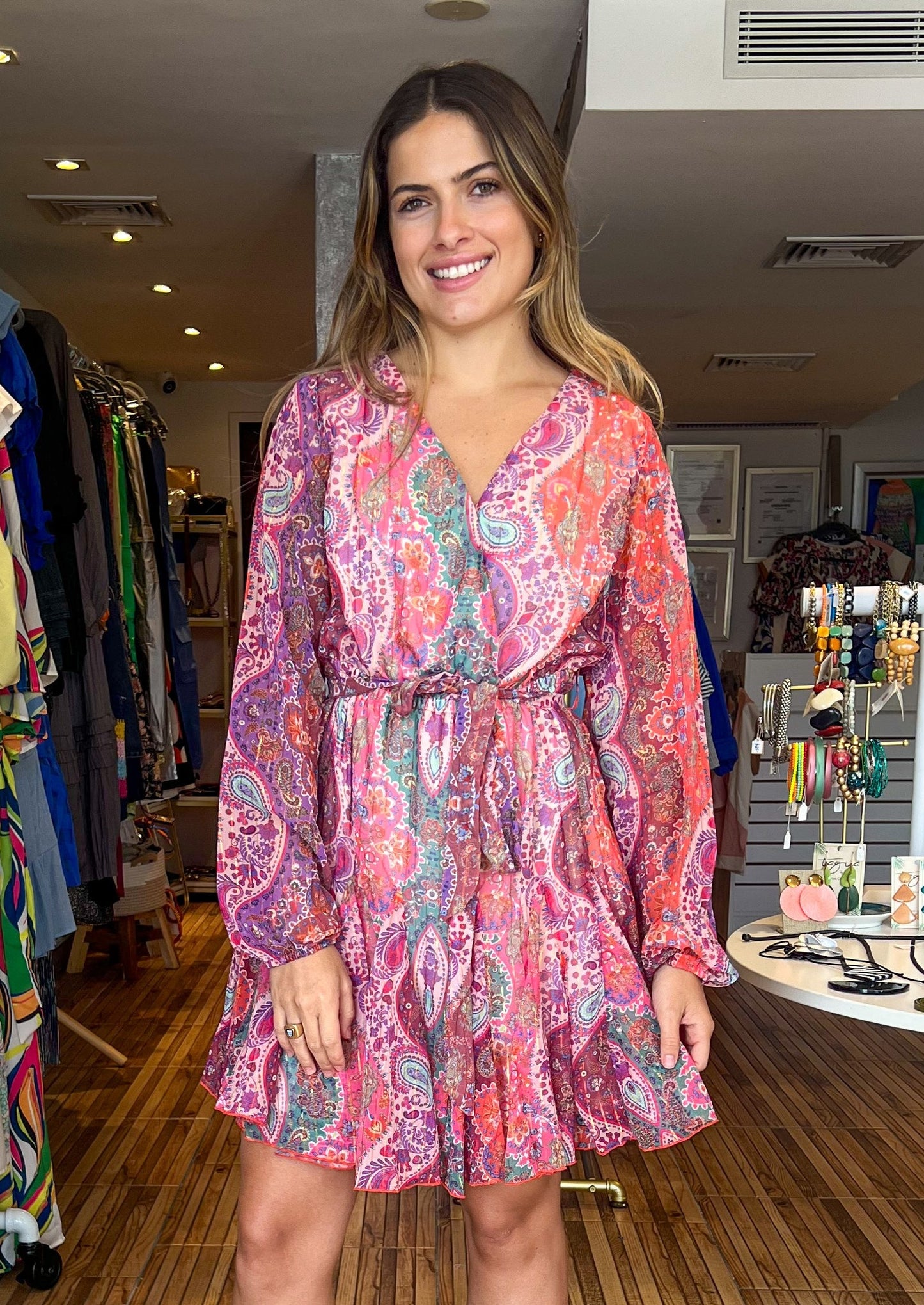 Purple metallic paisley v-neck belted short dress.