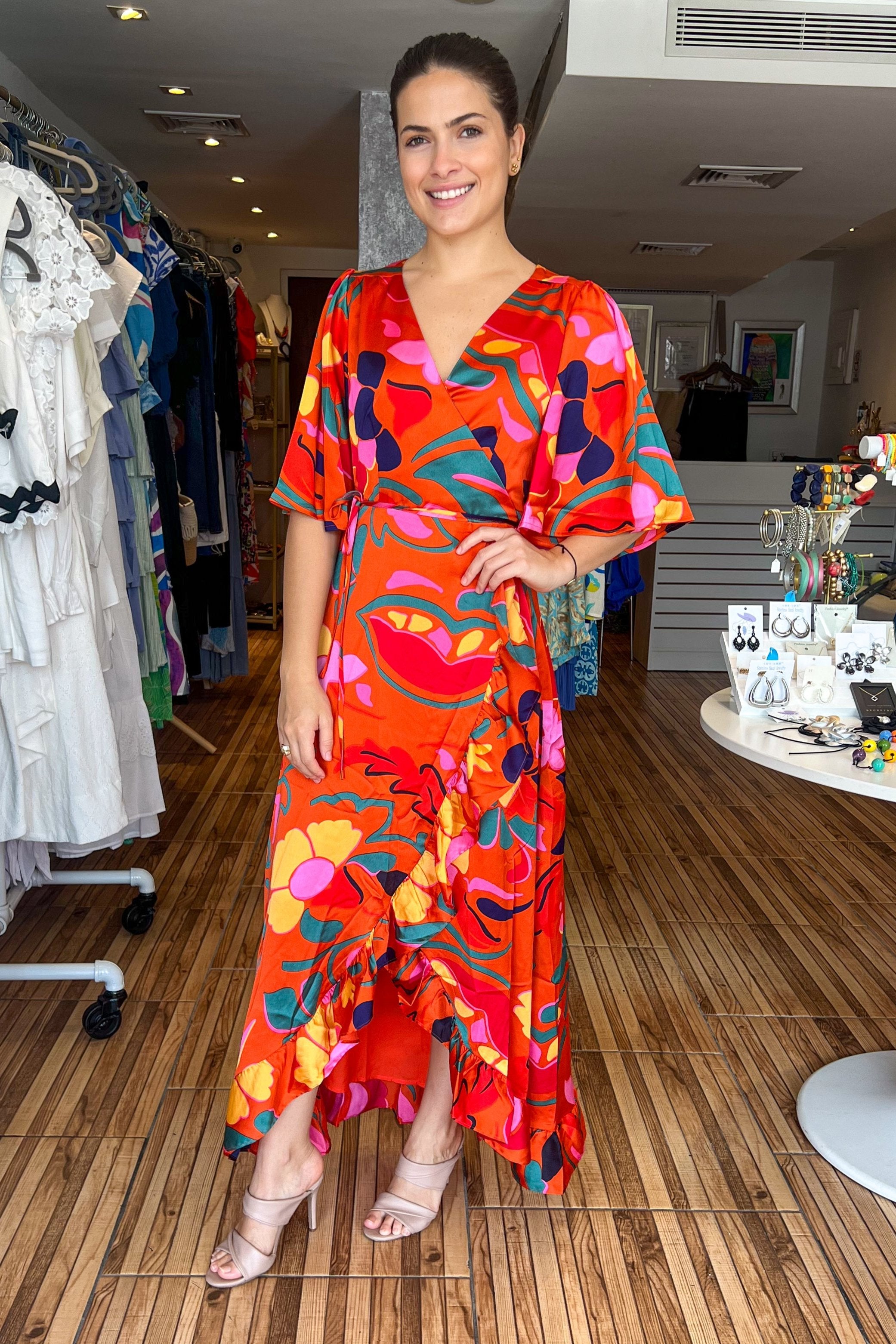 olga orange flower print dress Olga Orange Flower Print Dress