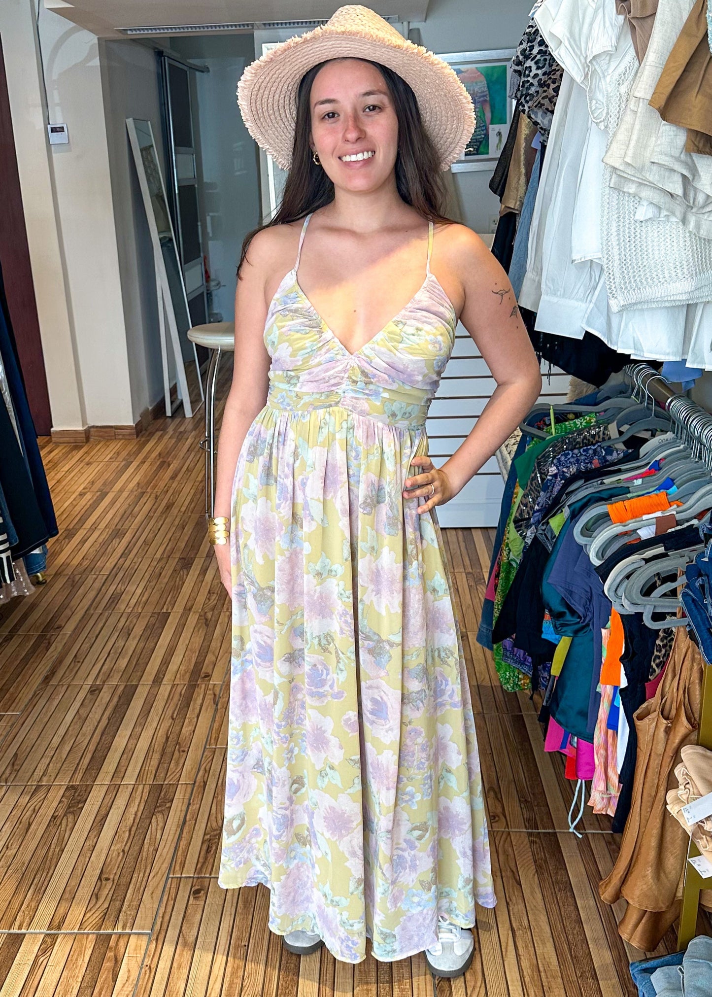 Pastel print criss cross back maxi dress