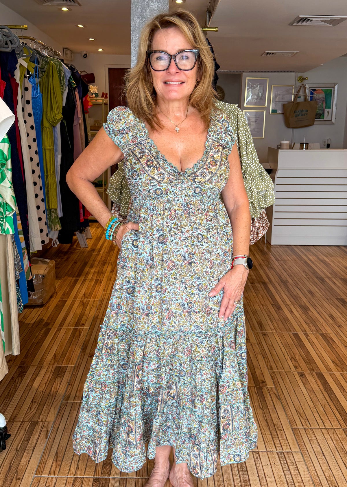 Kim Blue & Pink Flower Print Tiered Maxi Dress