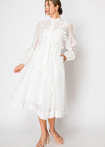 Load image into Gallery viewer, White high neck long sleeve floral appliques midi dress. Long sleeve with elastic cuffs. Side pockets. Covered front button. Self tie belt.
