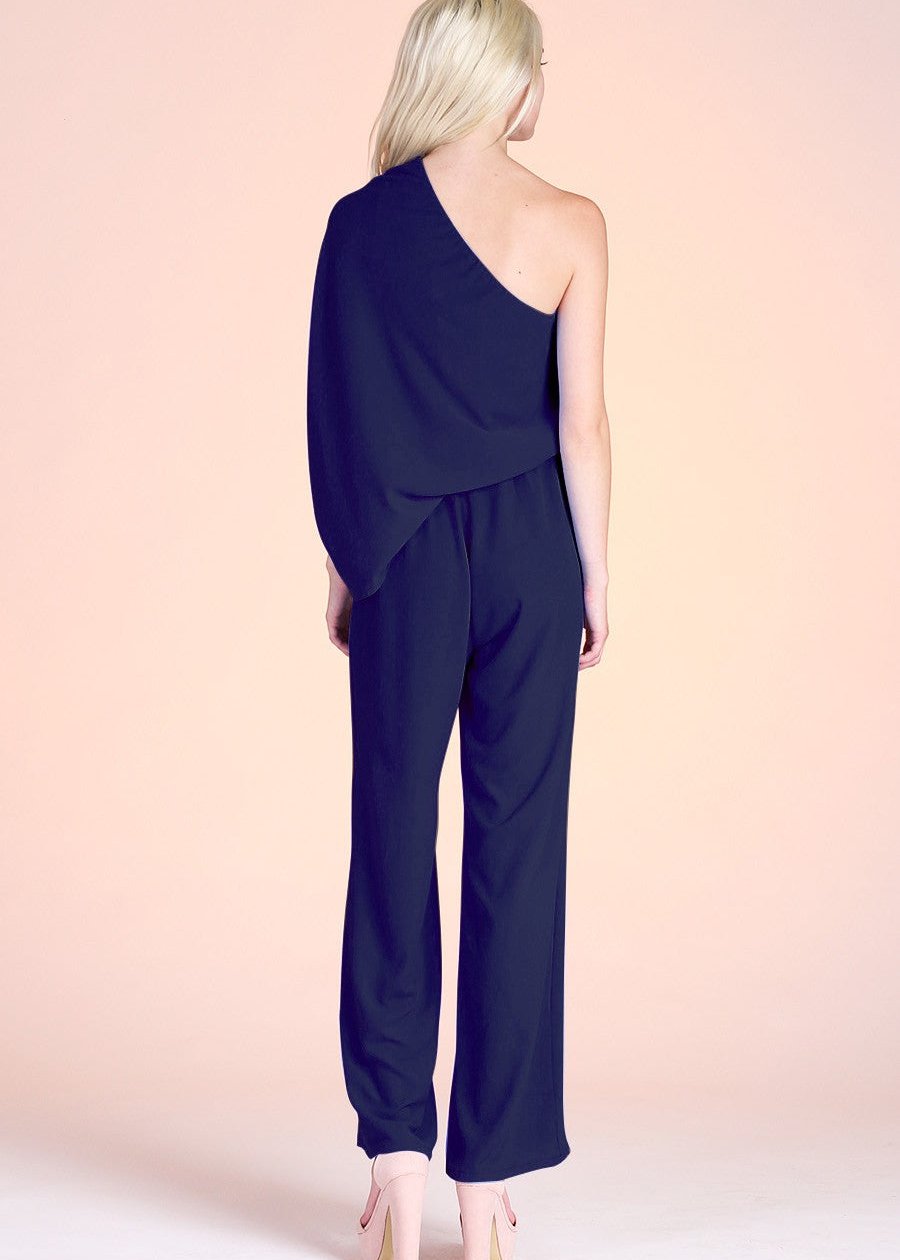Navy textured solid slouchy one shoulder jumpsuit. The elastic-lined waist and pull-on closure makes this piece both comfortable and easy to wear day to night.