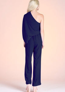 Navy textured solid slouchy one shoulder jumpsuit. The elastic-lined waist and pull-on closure makes this piece both comfortable and easy to wear day to night.