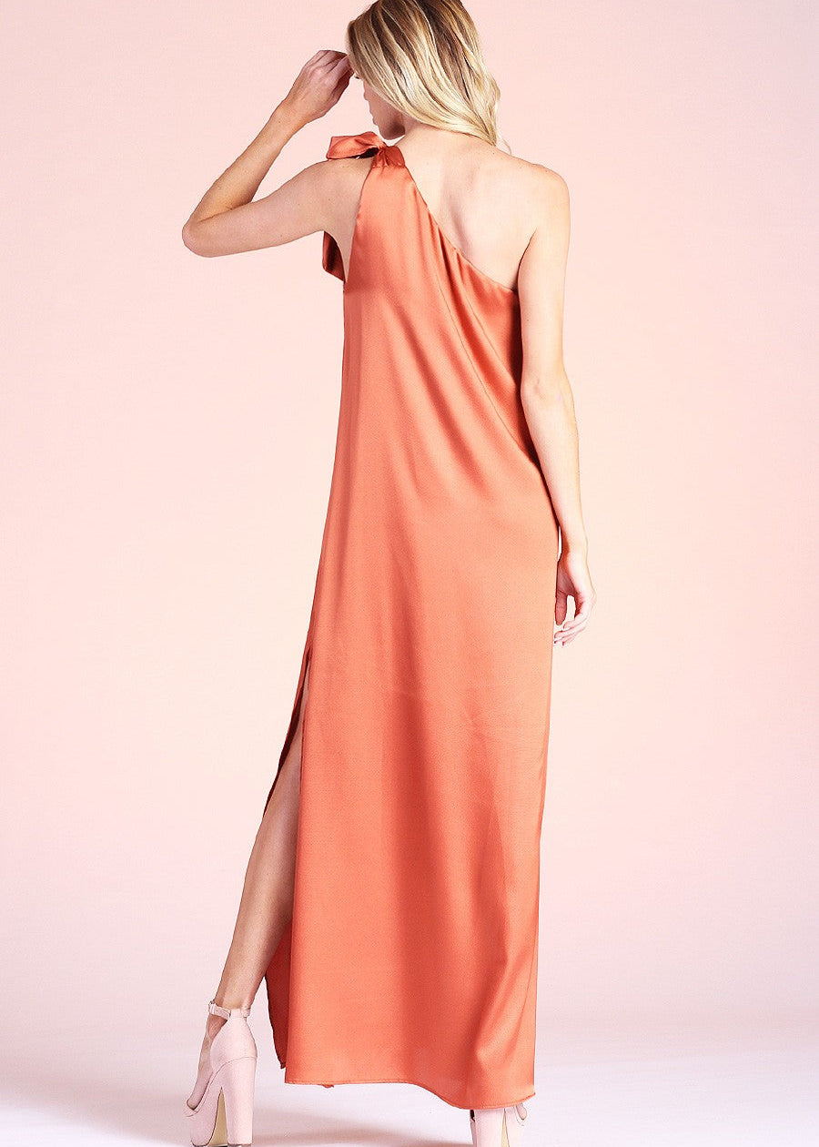 Rust Shiny Hammered Satin Tie One Shoulder Maxi Dress is perfect for vacation, weddings, bridal showers, work events, galas and parties alike. The refined fabric is both soft and comfortable, wearable day to night.