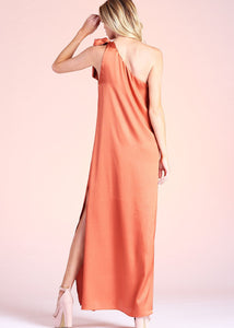 Rust Shiny Hammered Satin Tie One Shoulder Maxi Dress is perfect for vacation, weddings, bridal showers, work events, galas and parties alike. The refined fabric is both soft and comfortable, wearable day to night.