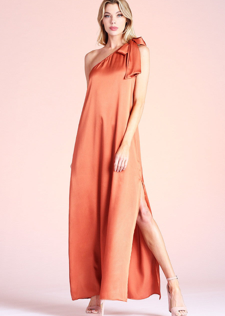 Rust Shiny Hammered Satin Tie One Shoulder Maxi Dress is perfect for vacation, weddings, bridal showers, work events, galas and parties alike. The refined fabric is both soft and comfortable, wearable day to night.