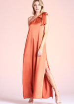 Load image into Gallery viewer, Rust Shiny Hammered Satin Tie One Shoulder Maxi Dress is perfect for vacation, weddings, bridal showers, work events, galas and parties alike. The refined fabric is both soft and comfortable, wearable day to night.
