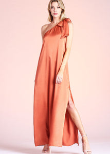 Rust Shiny Hammered Satin Tie One Shoulder Maxi Dress is perfect for vacation, weddings, bridal showers, work events, galas and parties alike. The refined fabric is both soft and comfortable, wearable day to night.