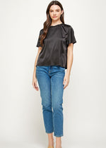 Load image into Gallery viewer, Black satin tee top with contrast knit back. This upgraded t-shirt features front body in satin, short flutter sleeves, and back in knit fabric.
