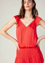 Load image into Gallery viewer, Bright red sweetheart neck pleated sleeve elastic waisted tiered short dress with smocking and pleat at skirt.
