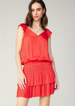 Load image into Gallery viewer, Bright red sweetheart neck pleated sleeve elastic waisted tiered short dress with smocking and pleat at skirt.
