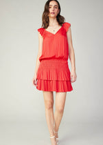 Load image into Gallery viewer, Bright red sweetheart neck pleated sleeve elastic waisted tiered short dress with smocking and pleat at skirt.
