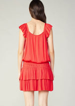 Load image into Gallery viewer, Bright red sweetheart neck pleated sleeve elastic waisted tiered short dress with smocking and pleat at skirt.
