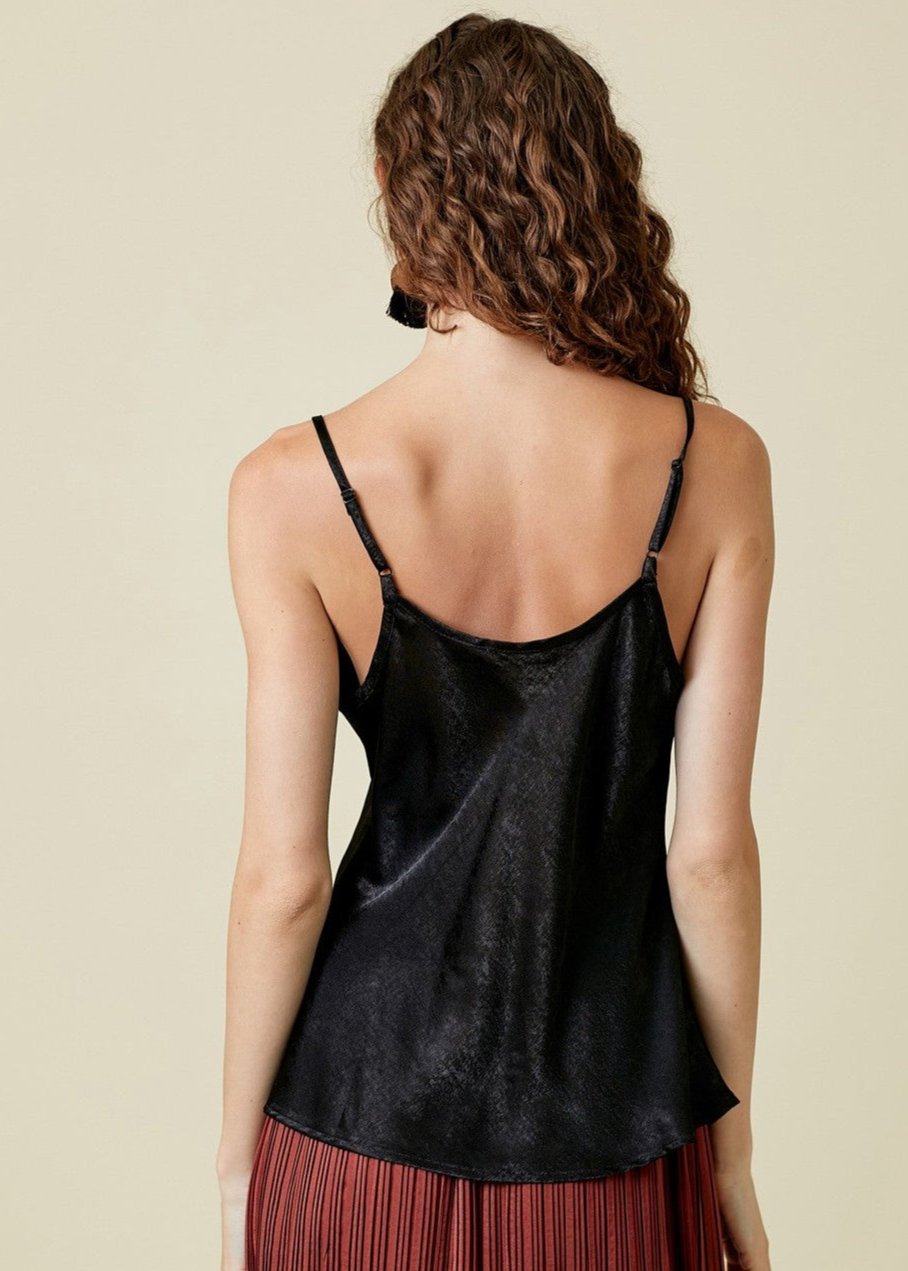 Silky draped neck camisole. Adjustable straps. Loose fit. Classic cowl neck top. Pairs well with any bottoms.