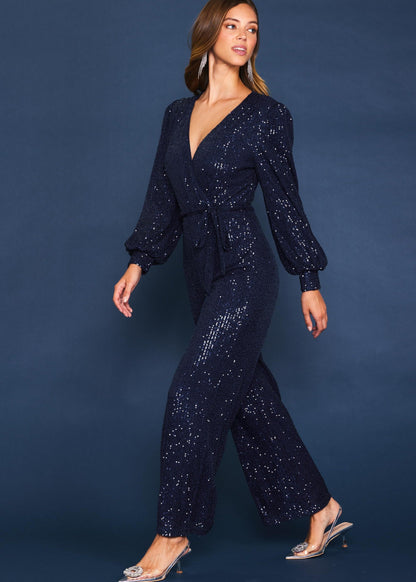 Navy sequin wrap tie waist jumpsuit.