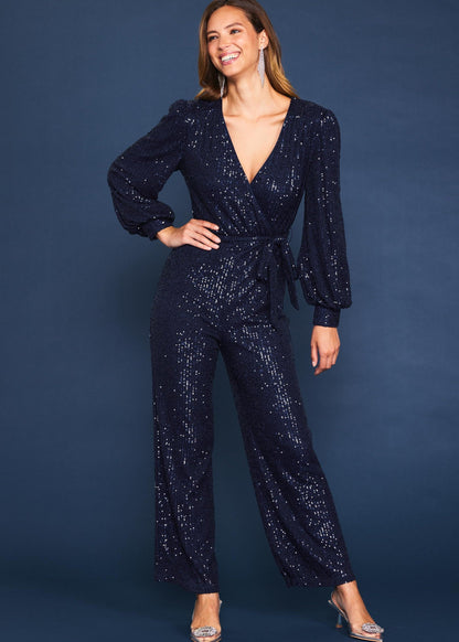 Navy sequin wrap tie waist jumpsuit.