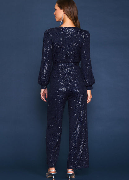 Navy sequin wrap tie waist jumpsuit.