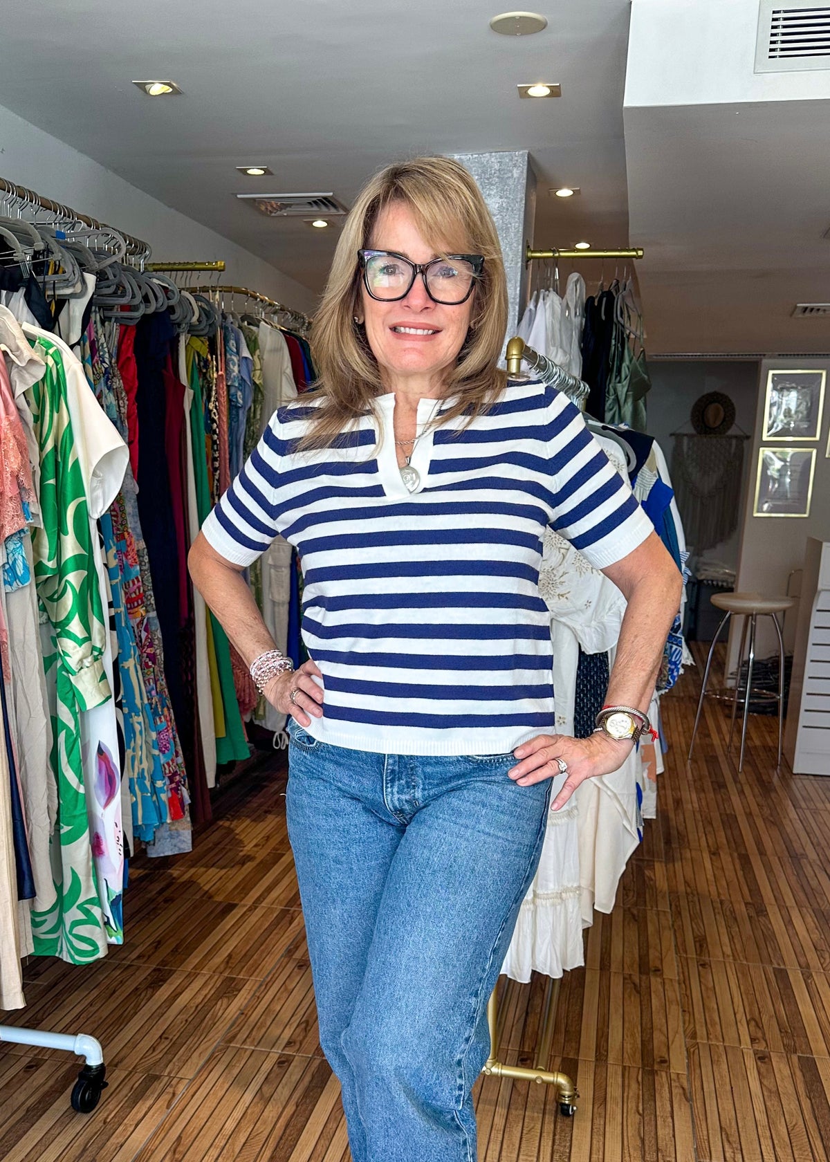 Monica White & Navy Striped Top