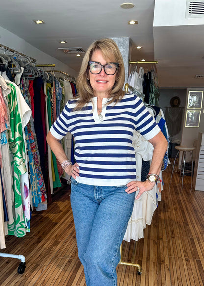 Monica White & Navy Striped Top