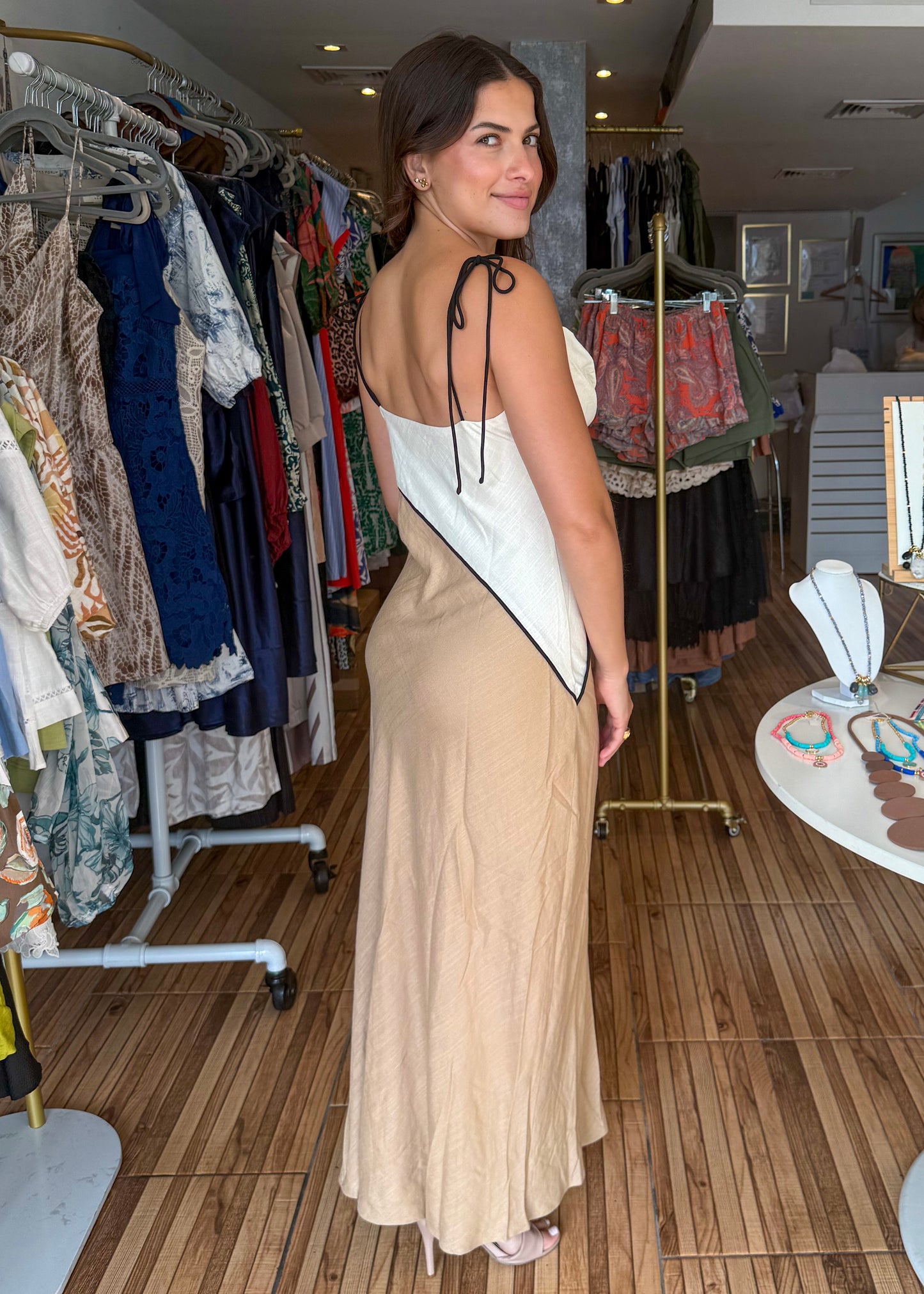 Meredith Off White & Taupe Maxi Dress