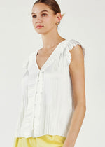 Load image into Gallery viewer, White pleated trim short sleeve button front pleated blouse.
