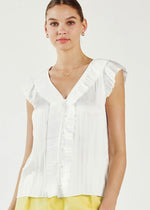 Load image into Gallery viewer, White pleated trim short sleeve button front pleated blouse.
