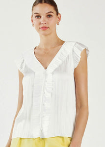White pleated trim short sleeve button front pleated blouse.