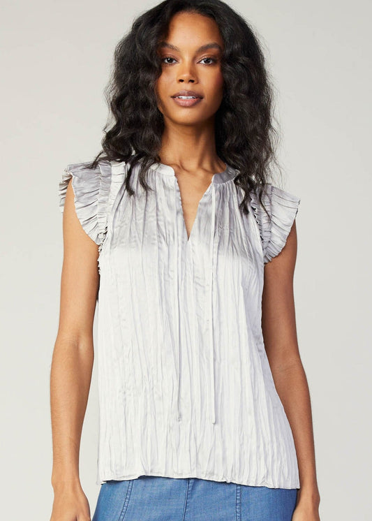 Stone grey ruffle short sleeve split neck crinkle blouse with self tie detail.