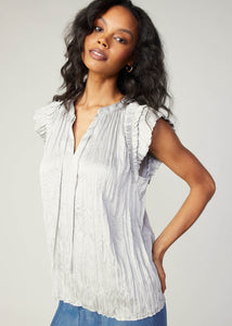 Stone grey ruffle short sleeve split neck crinkle blouse with self tie detail.