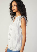 Load image into Gallery viewer, Stone grey ruffle short sleeve split neck crinkle blouse with self tie detail.
