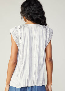 Stone grey ruffle short sleeve split neck crinkle blouse with self tie detail.