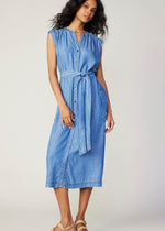 Load image into Gallery viewer, Chambray sleeveless v-neck button down 3/4 length dress with self tie detail on waist and flap pocket on sides.
