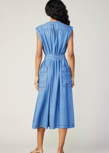 Chambray sleeveless v-neck button down 3/4 length dress with self tie detail on waist and flap pocket on sides.