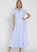 Load image into Gallery viewer, Woman wearing a blue and white striped dress on a plain background

