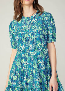 Blue floral print short sleeve tiered short dress.