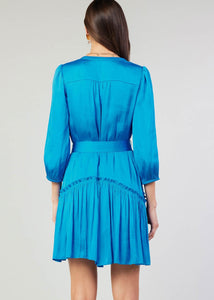 Blue v-neck 3/4 sleeve short button down dress with ruffled detail on skirt.