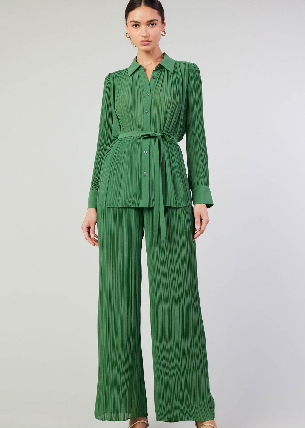 Leaf green all over pleated button down shirt with waist self tie with matching pants.