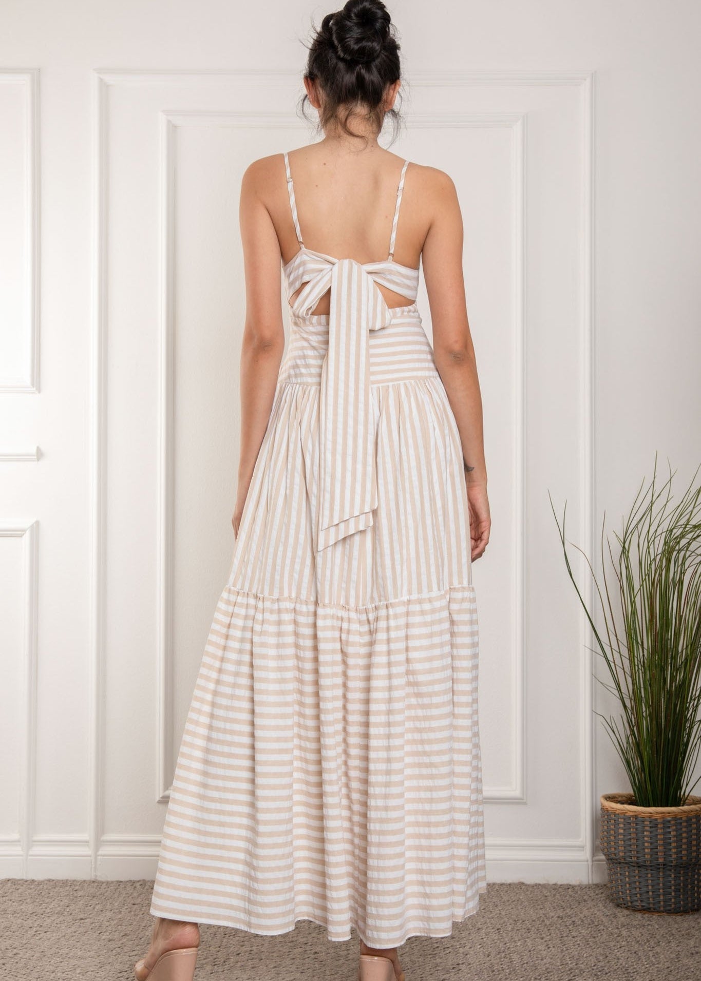Taupe striped spaghetti strap v-neck back tie maxi dress.