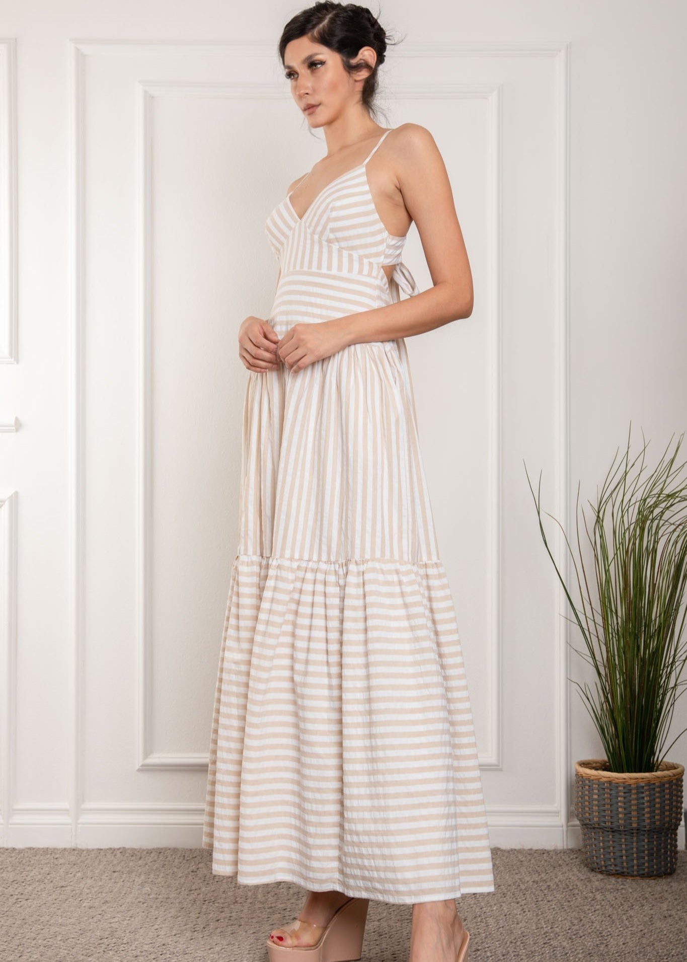 Taupe striped spaghetti strap v-neck back tie maxi dress.